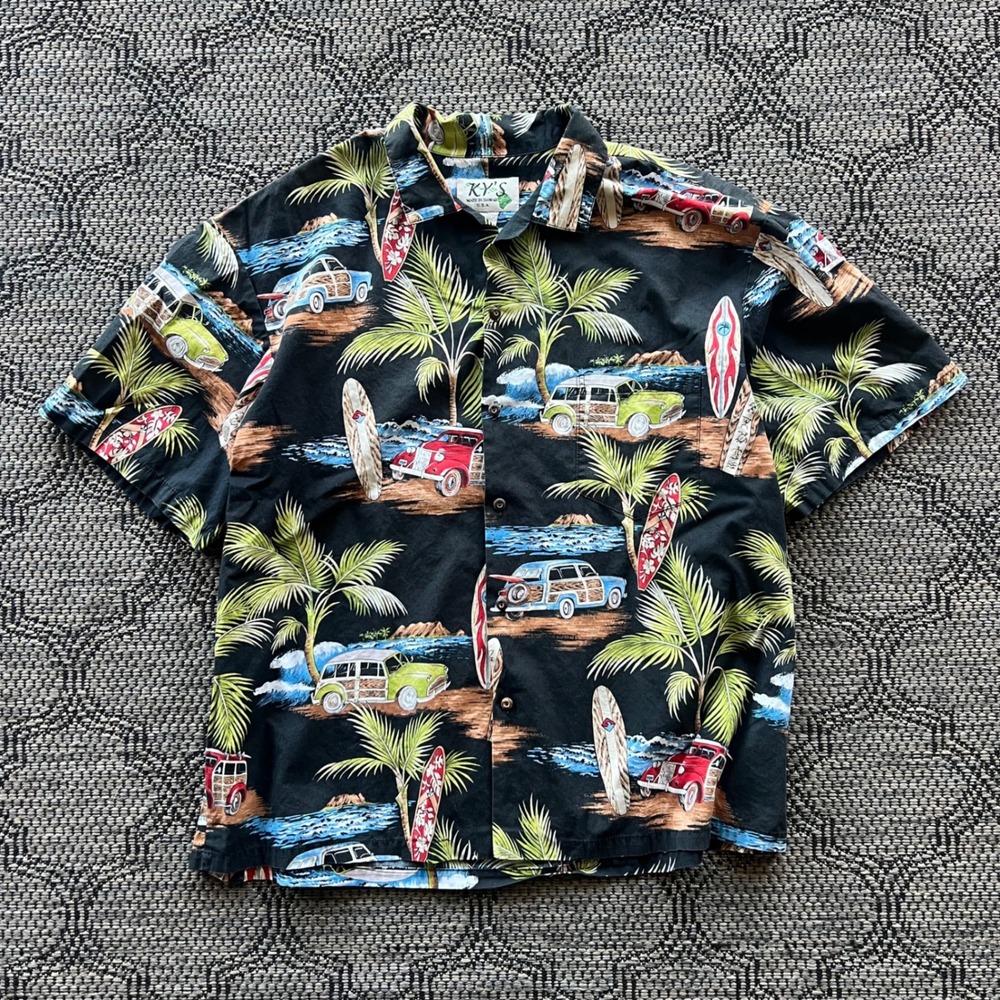 Vintage KY'S Hawaiian Shirt Mens XL Black Car Surfboard Button Tropical Aloha‎